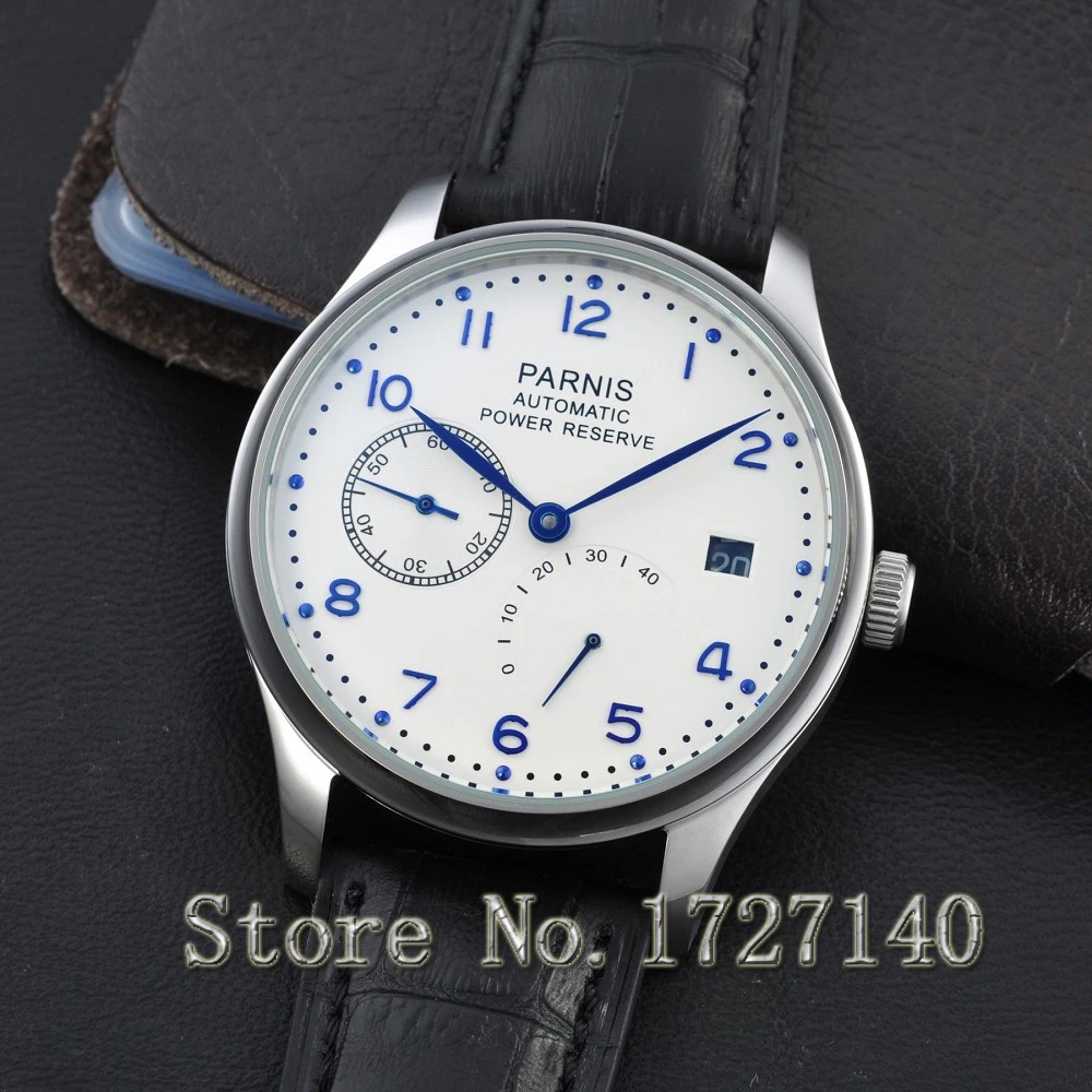 

43mm Parnis White Dial Blue Numbers Power Reserve Automatic Men's Watch 0101