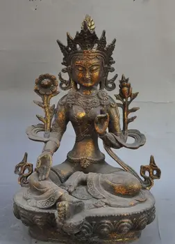 

old Tibet Copper gilt Joss green tara Kwan-Yin Guan Yin goddess buddha statue
