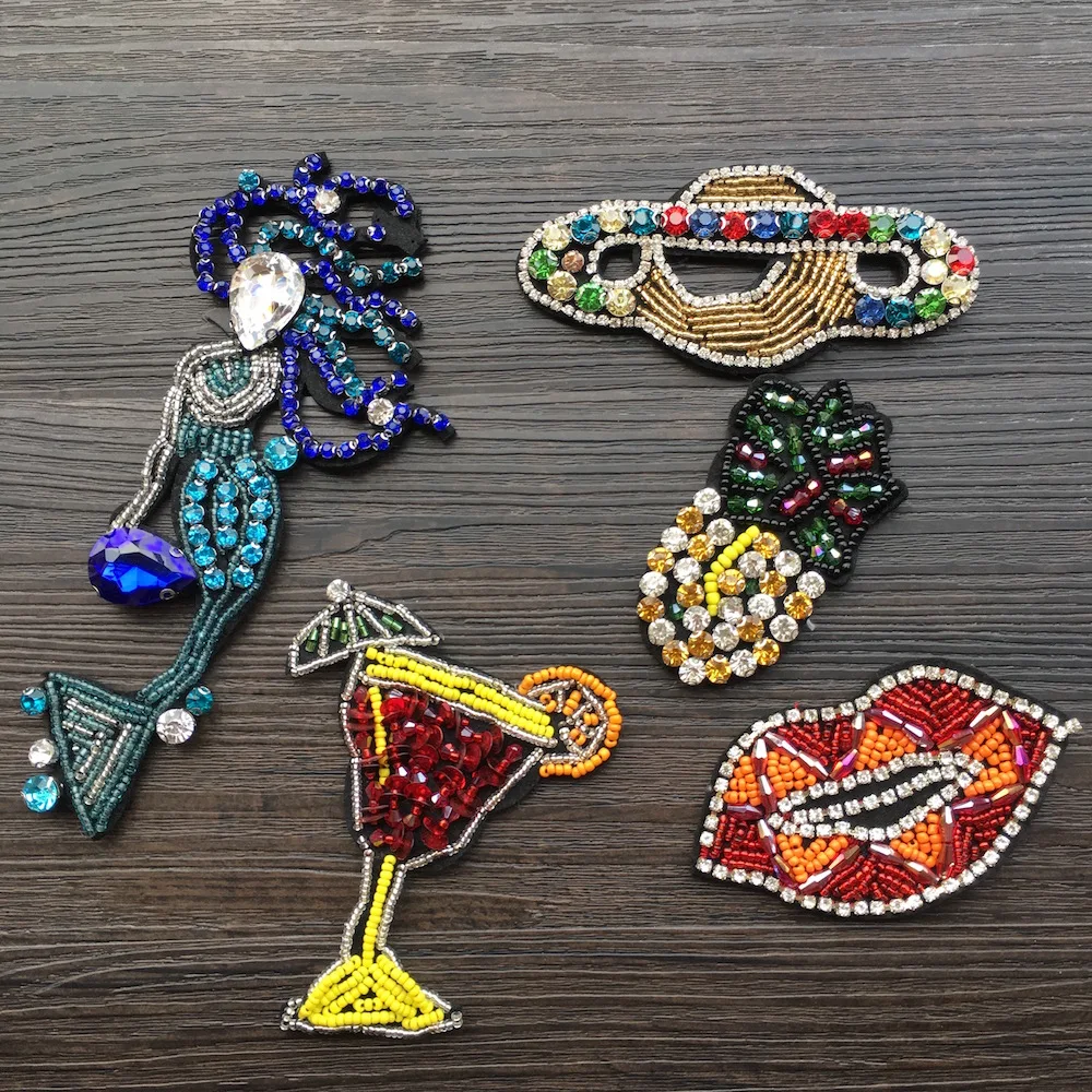 

1Pcs Rhinestone Beaded Patches Sewing on Beading Lip UFO Cup Mermaid Pineapple Applique for Clothes Shoes Bags Patch LSHB671