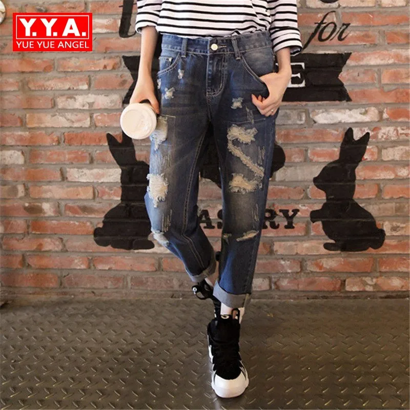 

2017 Hole Ripped Big Size Loose Jeans For Women Retro Cowboy Slim Fit Distressed Denim Trousers Casual Zipper Washed Harem Pants