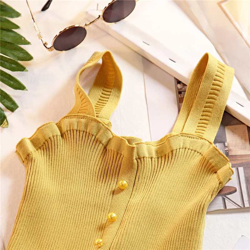 New Autumn Chi Knitted Women's Tank Top Slim Pearl Button Vintage Girls Cropped Female Women Tanktops t shirt Clothing (29)