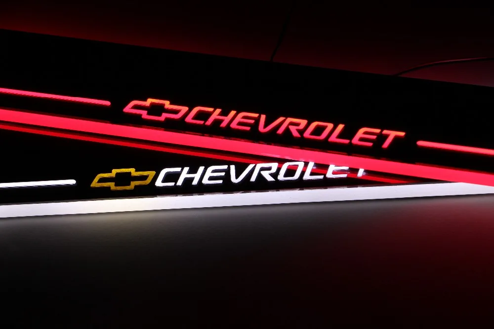 Qirun acrylic led moving door scuff welcome light pathway lamp door sill plate linings for Chevrolet
