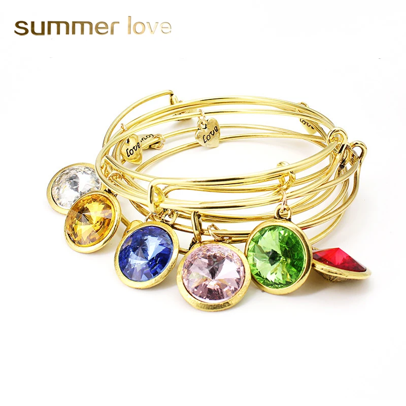 

Lucky Birthstone Vintage Gold Plated Charm A Bracelet 12 Colors Crystal Stone Expandable Bracelets&Bangles Birthday Gifts B2-153