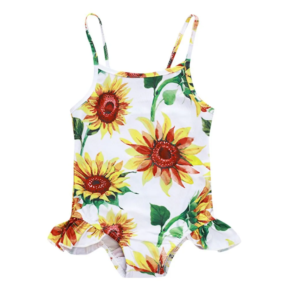 Детские купальники для девочек из полиэстера, Цельный купальник, купальный костюм, бикини с принтом, гофрированная пляжная одежда без рукавов, комбинезон L0604