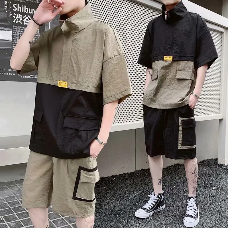 

Splicing Cool Hiphop Shorts&T-shirt Set Black& Army Green Cool Overalls