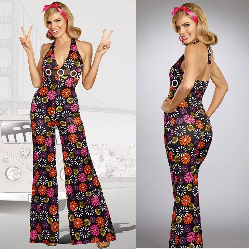 

Halter Sexy V Neck 60s 70s Retro Hippie Gogo Women Men Disco Costume For Couple Halloween Party Cosplay Music Festival Dress Up