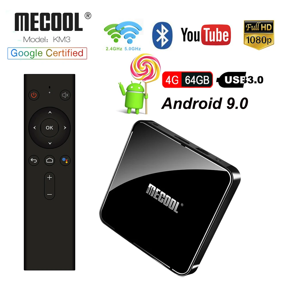 

Mecool KM3 Android 9.0 Google voice control Smart TV BOX 4G 64G Amlogic S905X2 Quad core 2.4g/5g wifi Support 4K HD set top box