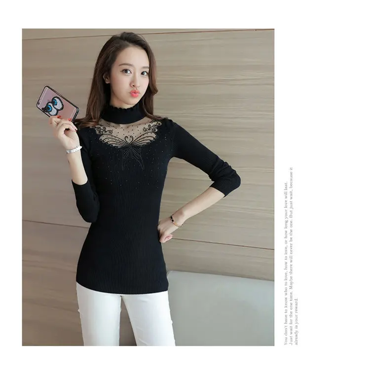 2019 New Ruffled Turtleneck Sweater Women Autumn Winter Pullovers Butterfly Lace Stitching Sweater Female Long Sleeve Pull Femme (7)