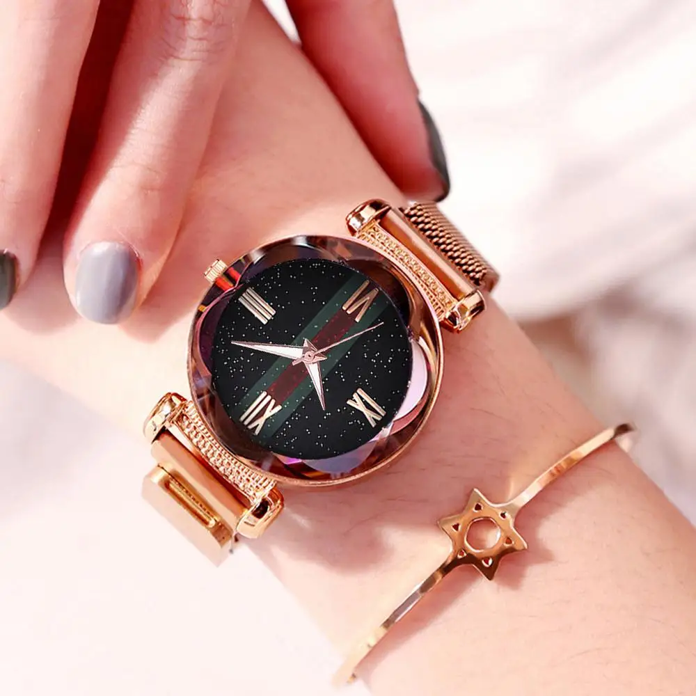 

Luxury Rose Gold Watch Women Flower Surface Wrist Watches Fashion Starry Sky Magnetic Watch Designer Ladies Quartz Clock Gift