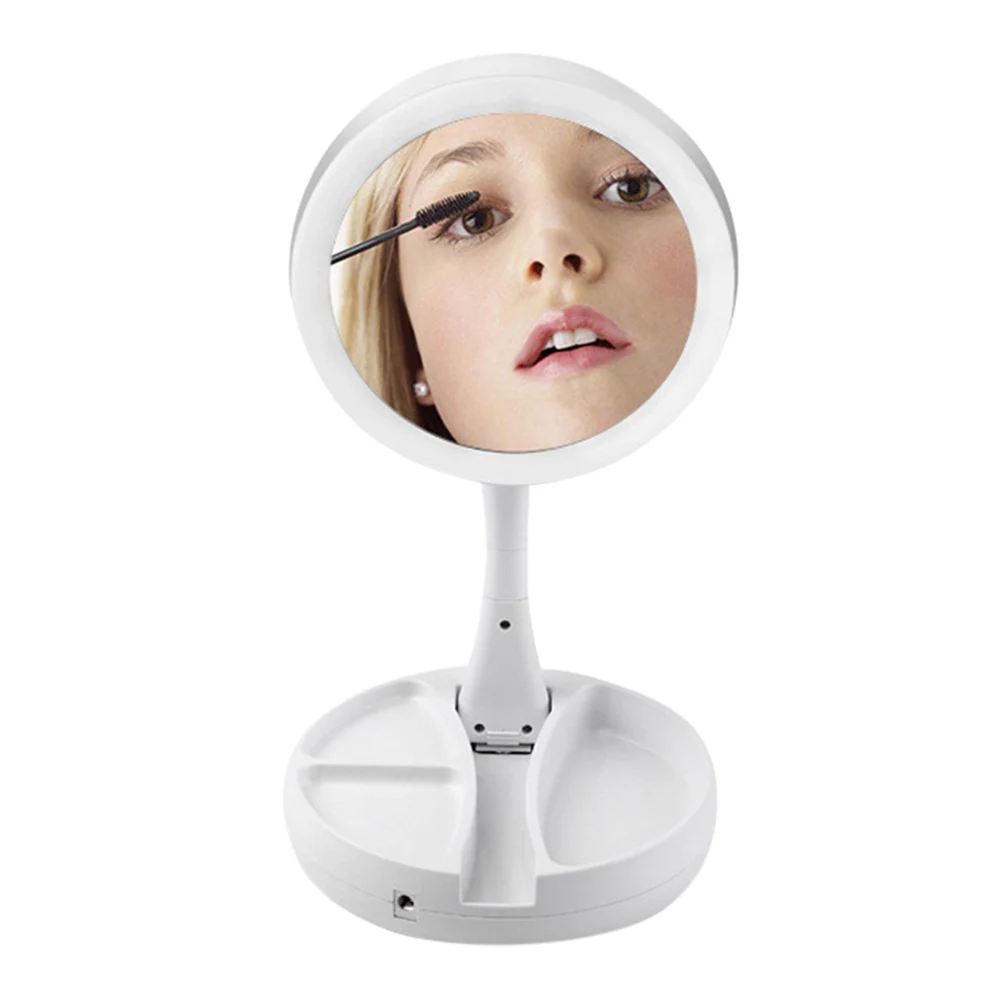 

Women Foldable LED Makeup Mirror 10X Magnifying Mirrors Desktop Mirror Storage Box Practical Makeup Mirror