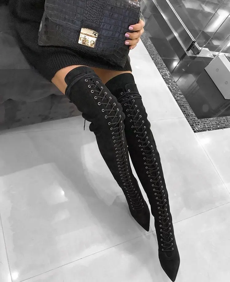 black suede high heel knee high boots