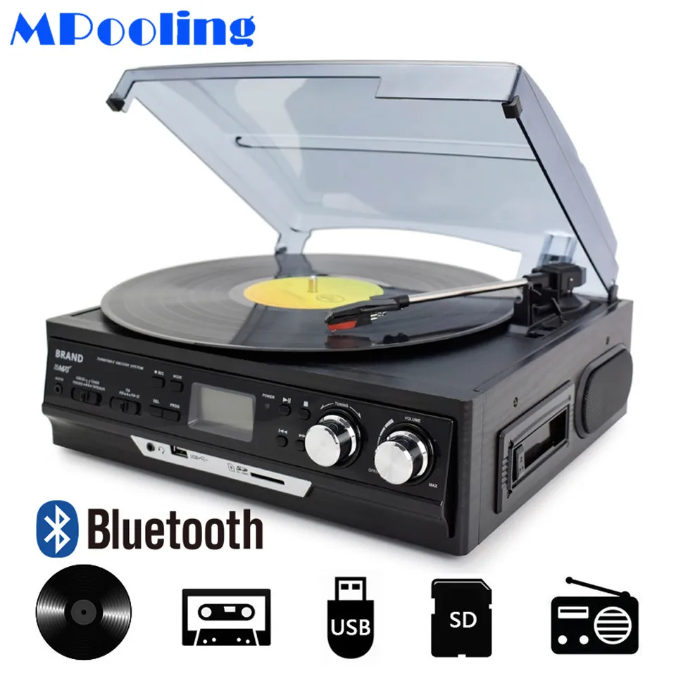 

MPOOLING Bluetooth Vinyl Record Player 3 Speed Belt-drive Turntable Cassette Player MP3 Player USB Recorder AC110V~130V/220~240V