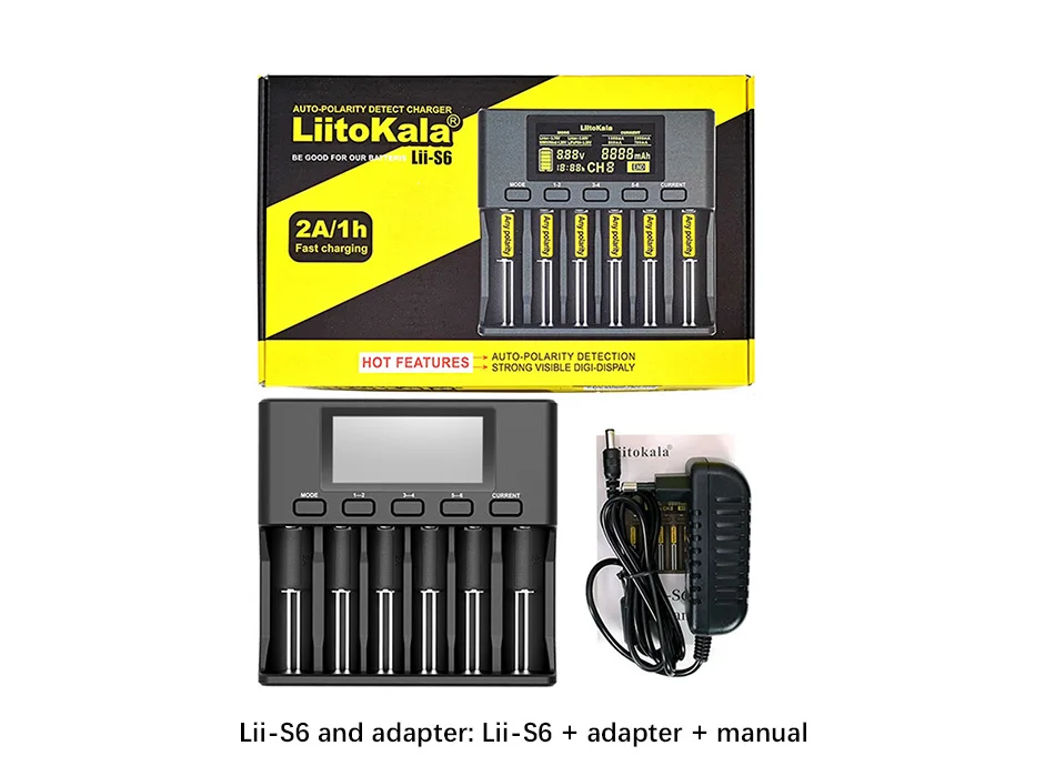 Умное устройство для зарядки никель-металлогидридных аккумуляторов от компании LiitoKala: Lii-S6 Батарея Зарядное устройство 18650 Зарядное устройство 6-слот авто-полярности для обнаружения 18650 26650 21700 32650 AA AAA батареи - Цвет: lii-S6 and adapter