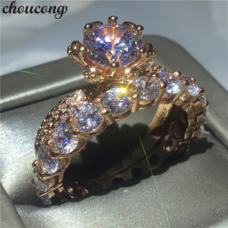 Choucong модное кольцо с цветком набор из 3ct прозрачного 5А циркония Cz розовое золото
