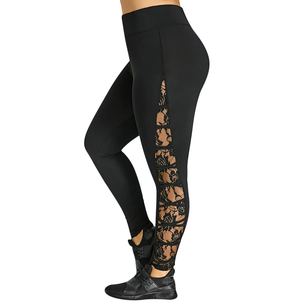 2018 Plus Size Lace Panel Criss Cross Leggings Women High 2018 Plus Size Lace Panel Criss Cross Leggings Women High