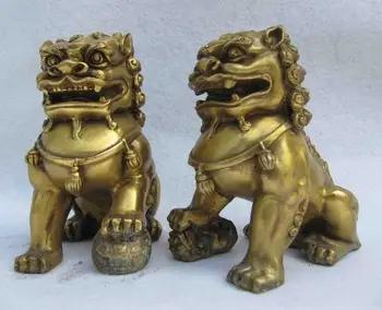 

china Family Feng Shui Copper brass Door Foo Dogs talisman lion beast Pair