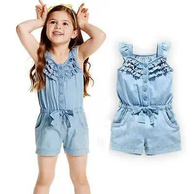 Новая мода Дети девушка джинсовые Повседневное лук комбинезон летнее цельнокроеное