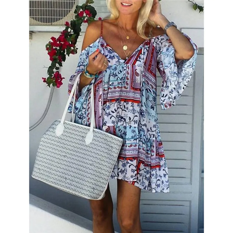 

Dress Fashion Women V Neck Summer Dress Casual Lady Bohemia Floral Printed Dress Loose Casual Beach Dress Sundress