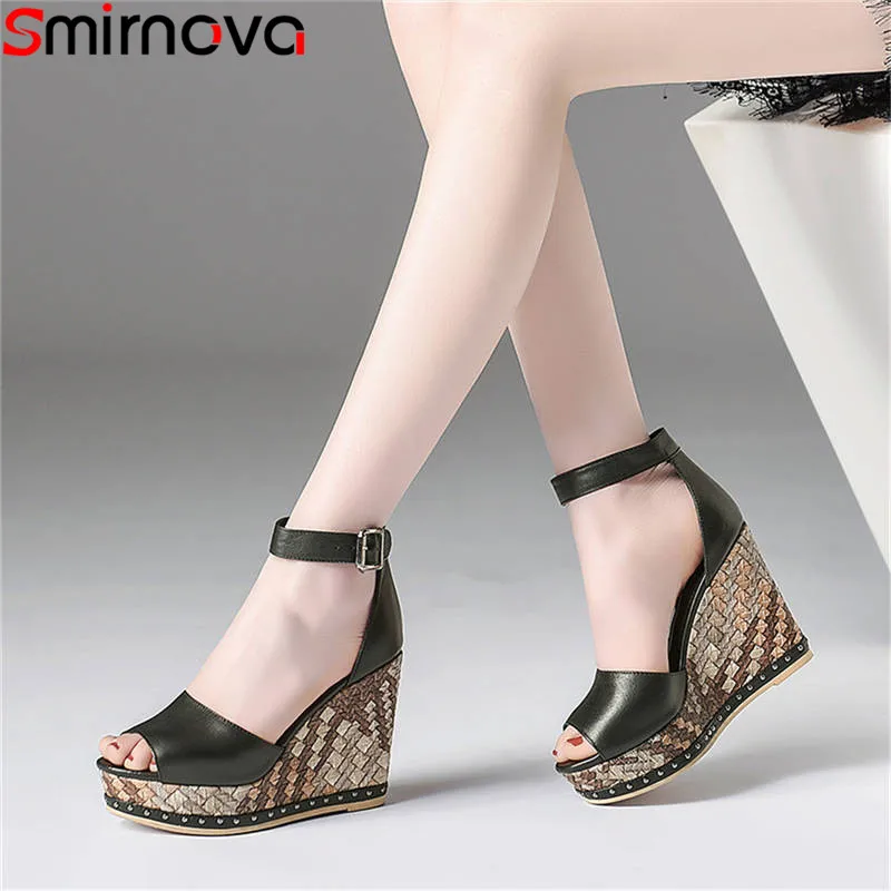 

Smirnova 2018 fashion summer new shoes woman peep toe buckle sandals women platform wedges shoes genuine leather prom shoes