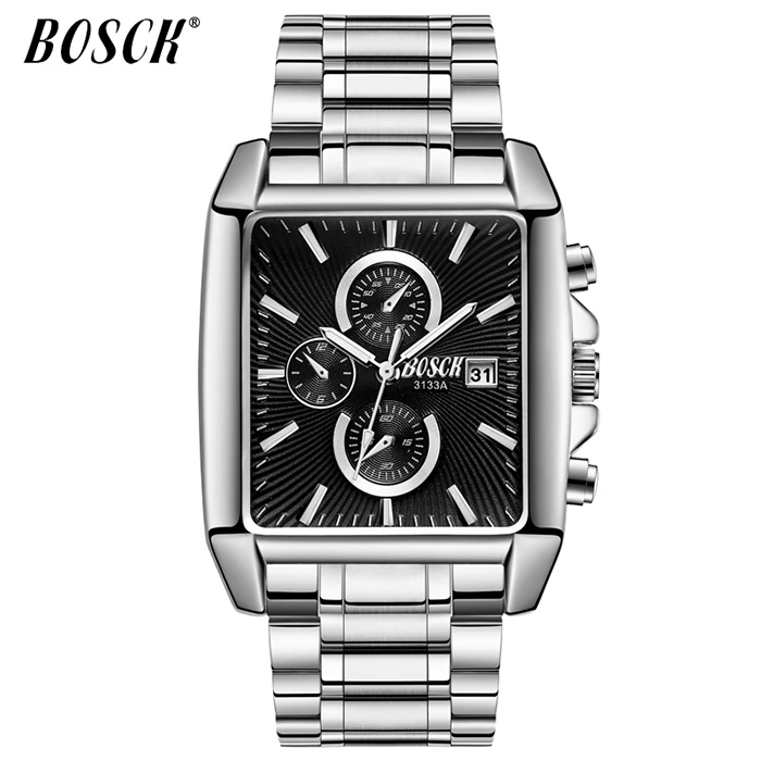 BOSCK Мужские часы Relogio Masculino бизнес квадратные кварцевые мужские часы модные полностью стальные водонепроницаемые мужские часы - Цвет: steel band black