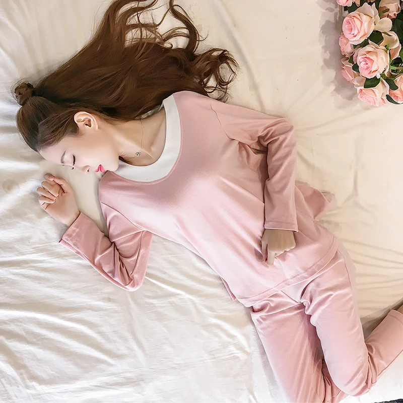 

100% Cotton Solid Pajama Set for Women 2018 Autumn Winter Long Sleeve Round Neck Pyjama Female Loungewear Homewear Home Clothing