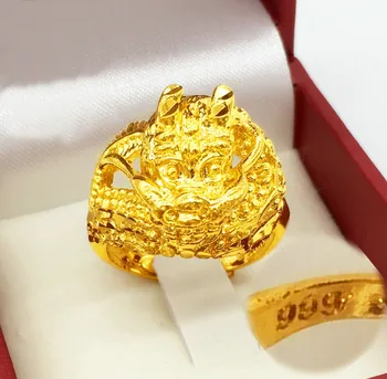 

COOL Lion Head Chinese dragon Rings 24 K Yellow Solid Gold FINISH Men's Animal Sz at will stamp 999