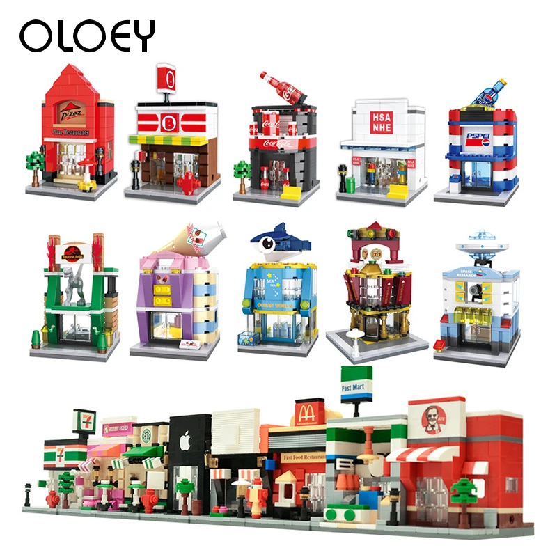 

City Mini Street Toy Shop Retail Store 3D Model KFCE McDonald Cafe Apple Miniature Building Block for kid compatible