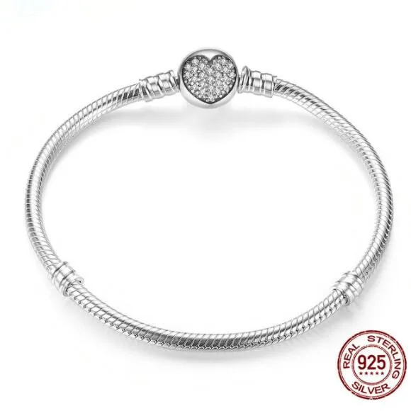 

Authenetic 925 Sterling Silver Crystal Heart Clasp Snake Chain Pan Bracelets Bangle Fit Bead Charm Diy Europe Jewelry