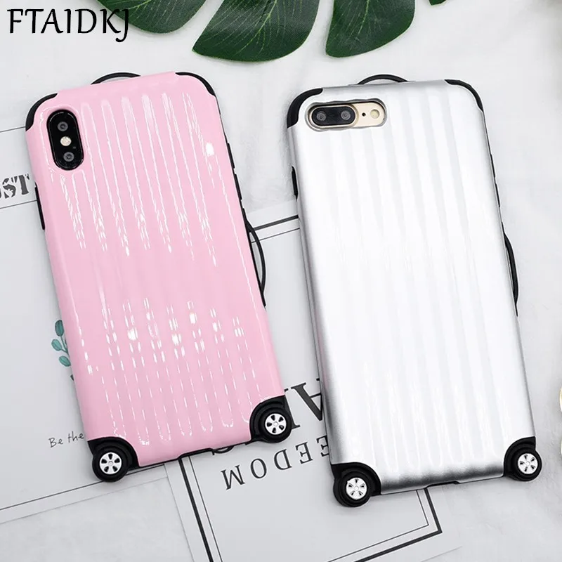 

FTAIDKJ Fashion Cartoon Simulation Trunk Suitcase Wheel TPU+PC Phone Case For iPhone X 10 8 8 Plus 6 6S 7 Plus Back Cover Coque