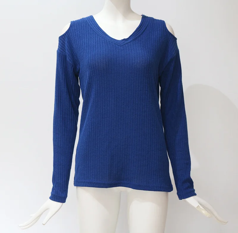 Pullover V-Neck Cold Shoulder Sweater Winter Clothes Women Rib Knit Long-Sleeved Top Casual Pure Color Clothes Autumn Female (8)