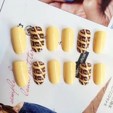 24 шт. яркие желтые накладные ногти коричневая сетка акриловые накладные ногти полное покрытие маникюрный салон Инструменты для маникюра Z091