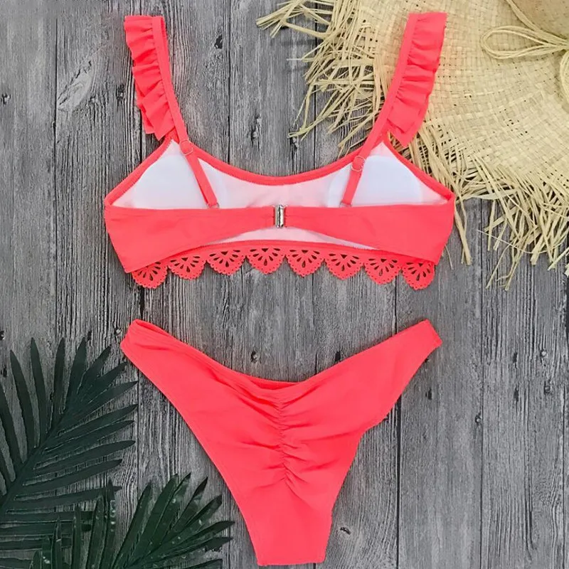 Ladies Lace Simple Simple Color Halter Swimsuit High Waist Thong Strapless Female Bandage Swimsuit Beach Swimming Sexy Bikini