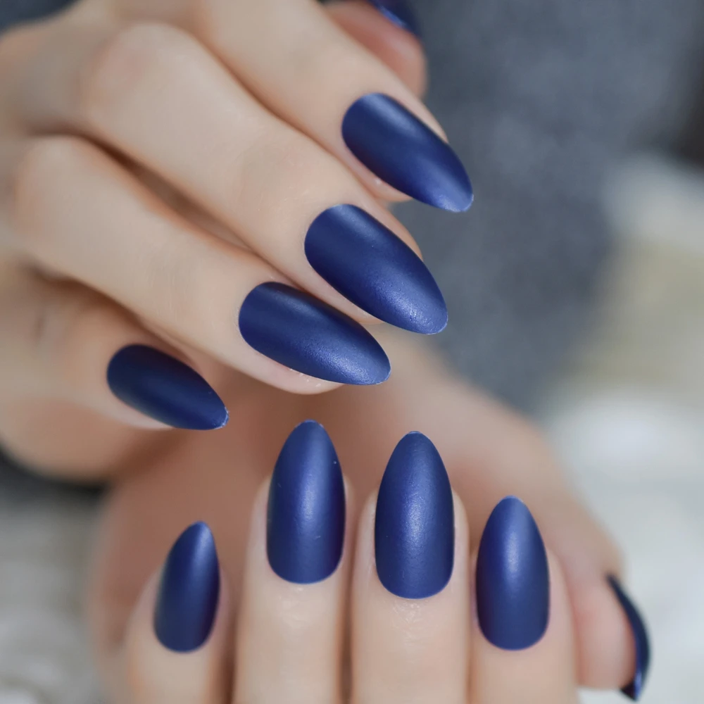 

Dark Blue Matte Press On Nails Art Fake Nails Stiletto False Nails Extensions Nail Tips Faux Ongles 24pcs / Set Free Stickers
