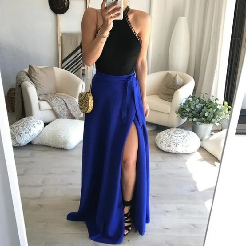 

Sexy Navy Blue Skirts Women Custom Made Ribbon Waistline A Line Floor Length Maxi Skirt High Slit Skirt Full Long Skirt