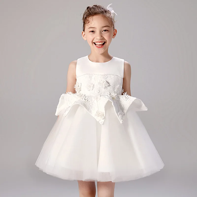 Новое Детское свадебное платье с вышивкой и рукавами-семью для вечеринки платье для выступлений на фортепиано для девочек детское праздничное платье с цветами для дня рождения - Цвет: white 2