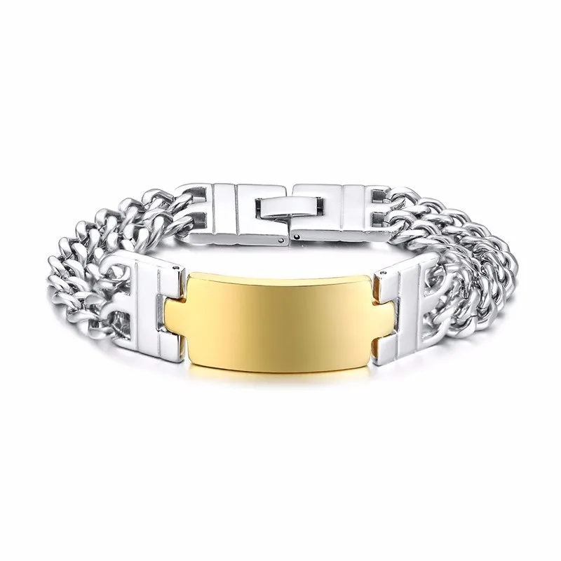 silver gold Персонализированные 18 мм мужские из нержавеющей стали двойной панцирной цепи звено ID идентификационный браслет в серебряные мужские ювелирные изделия - Окраска металла: silver gold