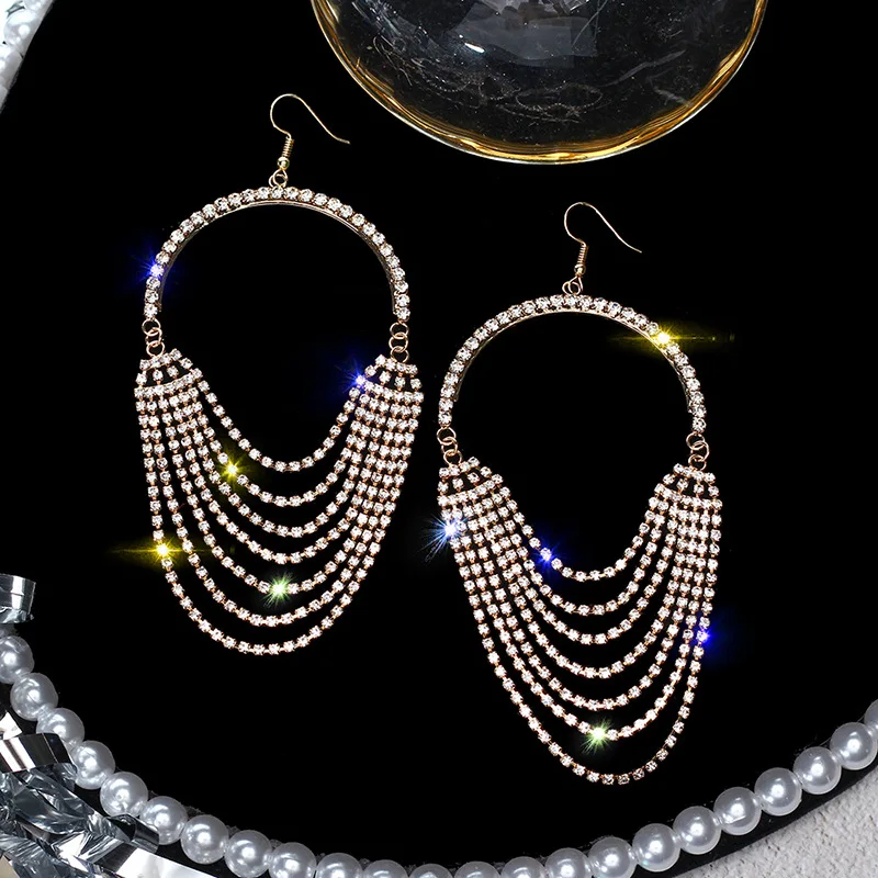 

FYUAN European Long Tassel Crystal Drop Earrings Exaggeration Gold Silver Color Rhinestone Earrings for Women Bar Party Jewelry
