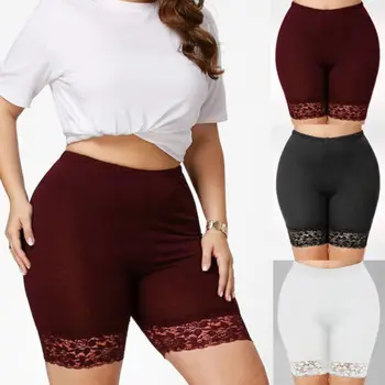 

Women High Waist Shorts Summer Fashion Lace Patchwork Solid Color Slim Shorts Trousers Safety Short Legging Plus Size XL-4XL