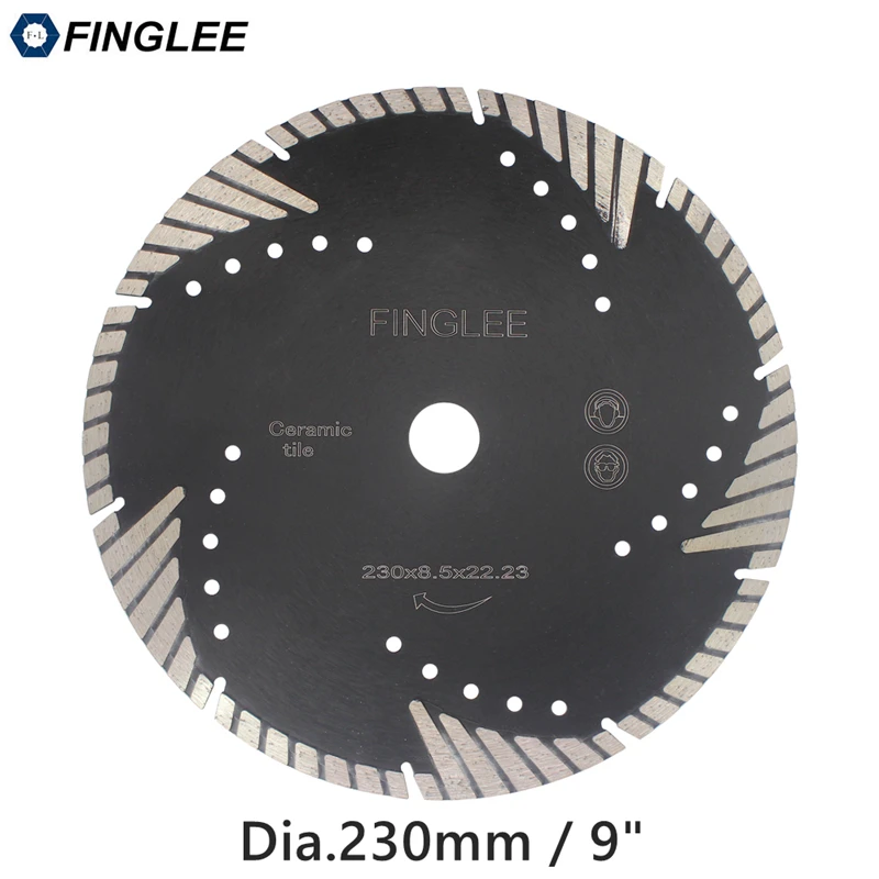 

1Pc FINGLEE 230mm/9inch Diamond Cutting Saw Blade,Turbo Teeth Slant Protection Cutting Disc for Concrete, Marble Granite Stone