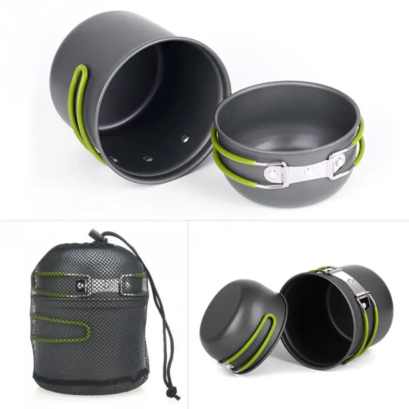 Plegable portátil Pan Cookware que acampa práctico de aluminio antiadherente Pan Bowl Set con almacenamiento neto de bolsillo al aire libre