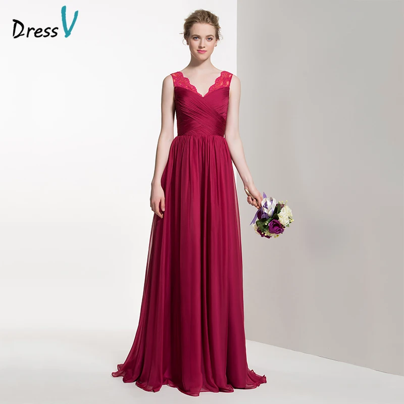 Dressv Long Red Bridesmaid Dress V Neck A Line Sleeveless Lace Pleats