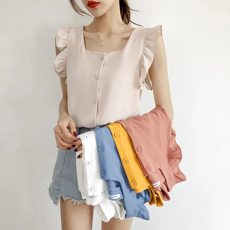 

Flounce Shoulder Round Neck Floral Blouse Solid Color Ruffle Sleeveless Button Chiffon Blouses Women Summer Casual Elegant Tops