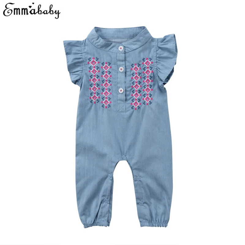 

Infant Newborn Baby Girls Rompers Flying Sleeve Denim Sunsuit Playsuit Floral Embroidery Jumpsuit Romper Outfit Clothes