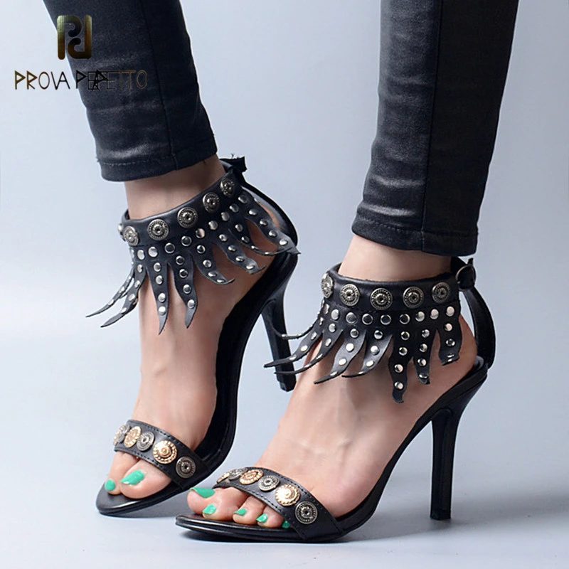 

Prova Perfetto Novetly Sunshine Decoration Fringe Ankle Strap Woman Thin High Heel Sandals Peep Toe Strap Genuine Leather Shoes
