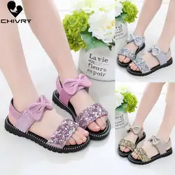 Chivry/Новинка 2019 года; Летние сандалии для девочек; модная блестящая обувь принцессы с бантом для девочек; Детские пляжные сандалии на