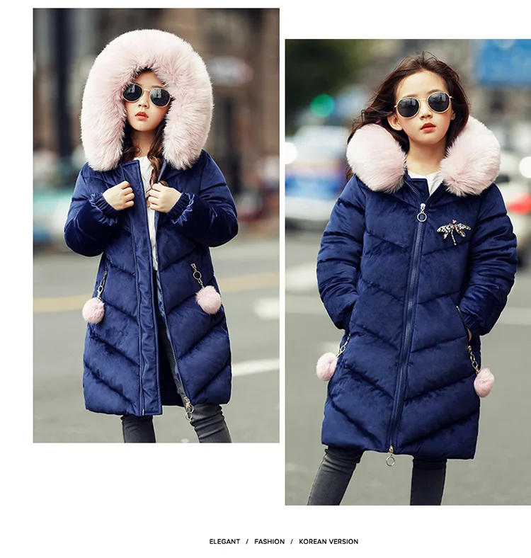 Лидер продаж года, зимняя теплая хлопковая стеганая куртка для девочек детская зимняя куртка-парка для девочек, детское длинное пальто с большим меховым воротником