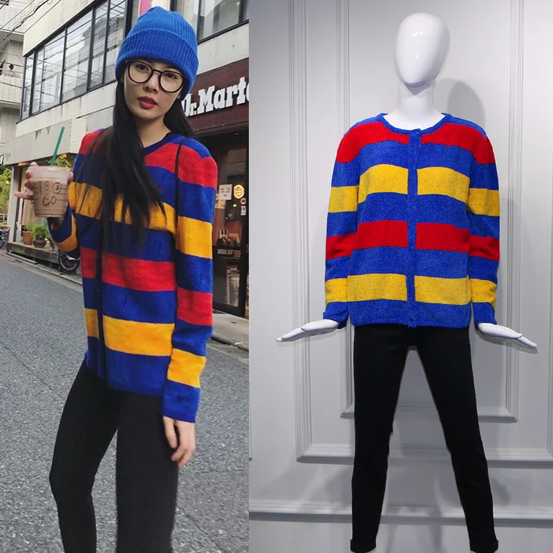 

Star Kim Pang Ya Street Photo of The Same Color Striped Plush Korean Version Cardigan Loose Lazy Sweater Trendy Women 2019