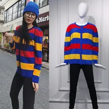Star Kim Pang Ya Street Photo of The Same Color Striped Plush Korean Version Cardigan Loose Lazy Sweater Trendy Women 2019