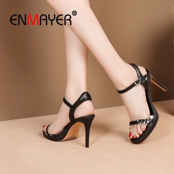 

ENMAYER 2019 Genuine Leather Basic Party High Heel Platform Sandals Summer Fashion Solid Women Shoes Size 34-39 LY2066