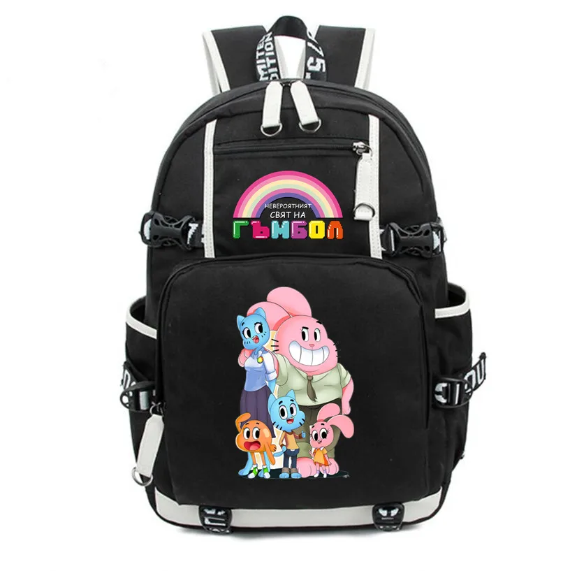

Anime The Amazing World of Gumball Darwin Backpacks Teenagers Schoolbag Men Women Black Travel Mochila Laptop Bags 17''